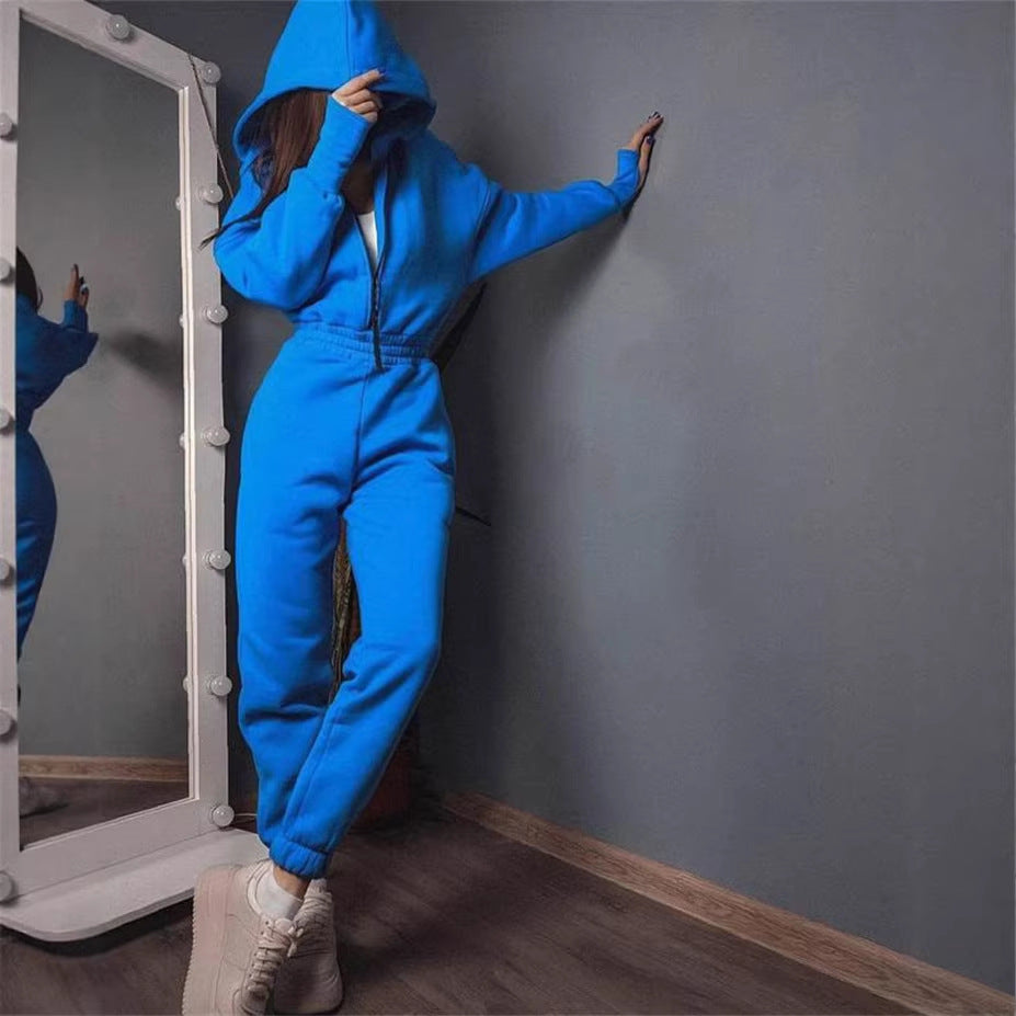 Damen Taillierter Kapuzen-Sweat-Jumpsuit mit Reißverschluss und elastischem Taillenbund EB