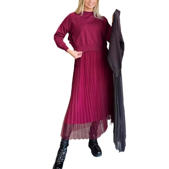 Damen Elegantes Faltenrock- und Pullover Set EB