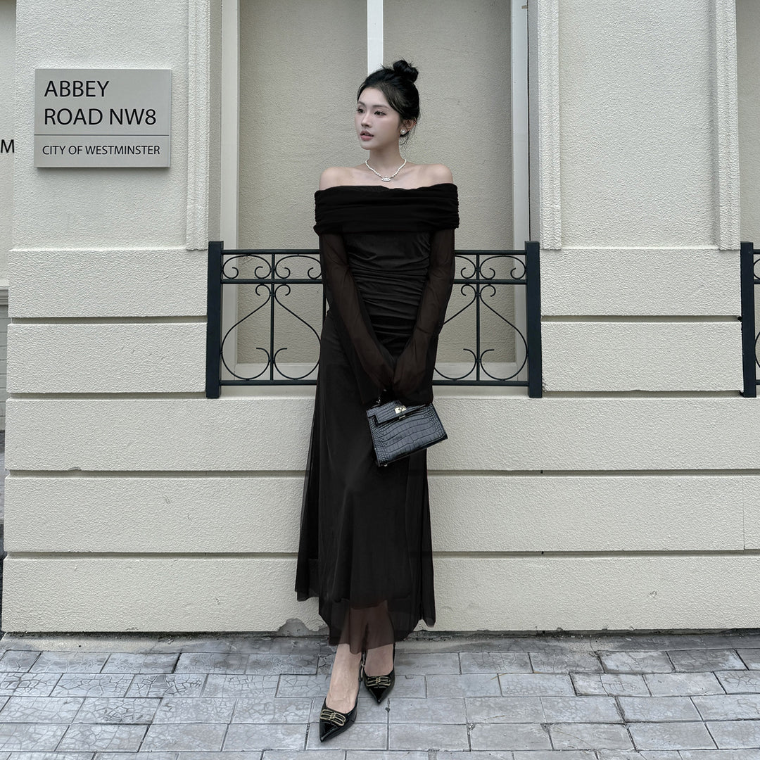 Damen Off-Shoulder Abendkleid mit gerafftem Design und langen Ärmeln EB