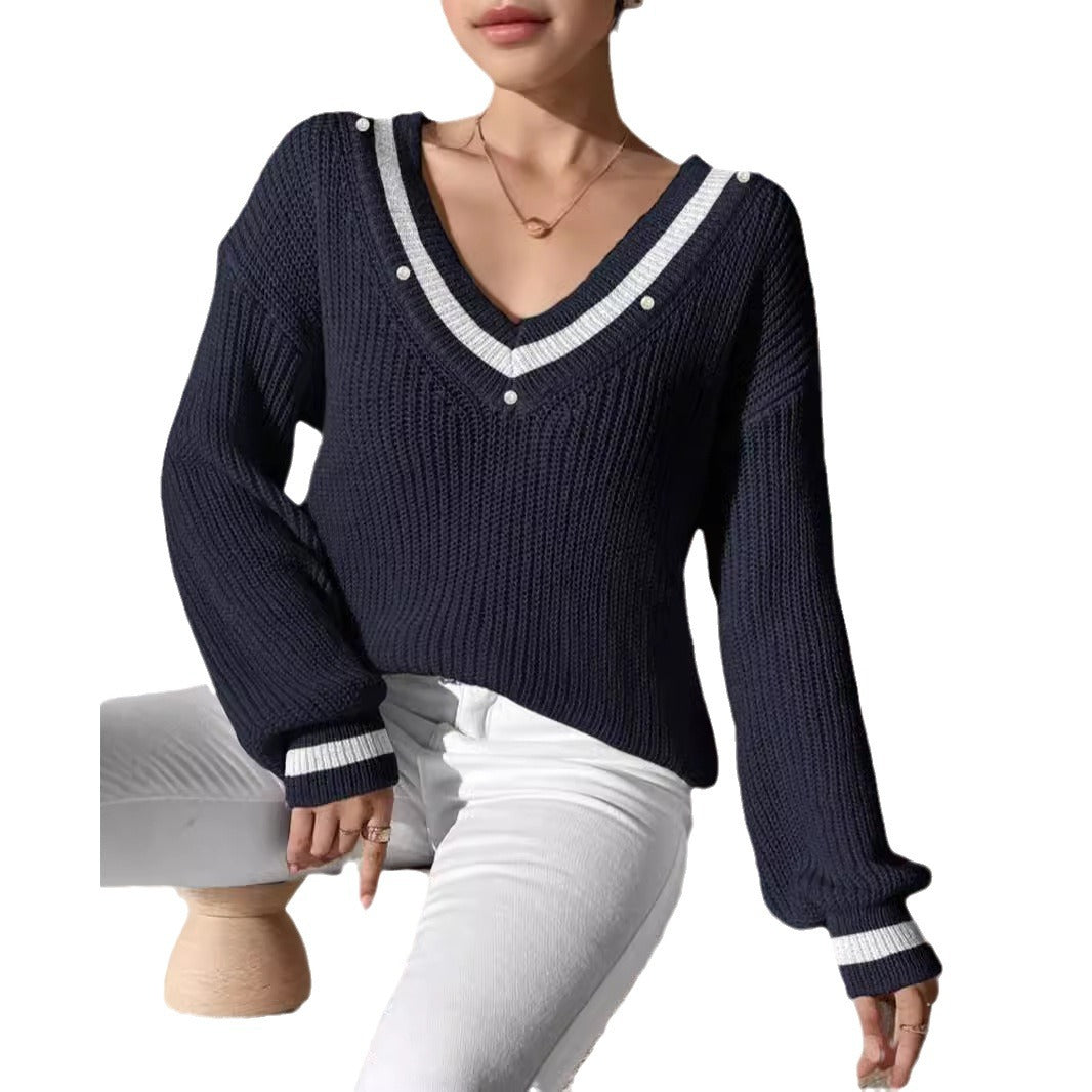 Damen lässiger Pullover mit V-Ausschnitt und dekorativer Knopfleiste EB