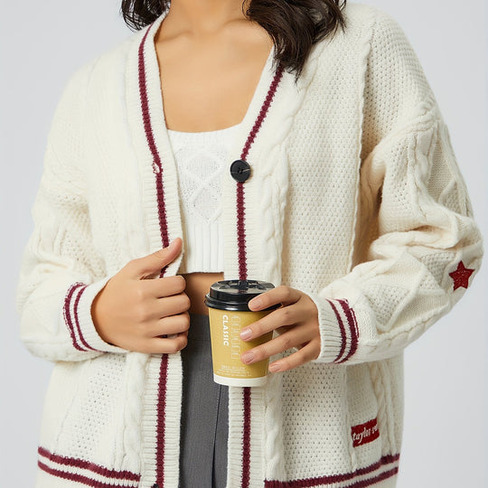 Damen nan oversized Zopfstrick Cardigan mit V-Ausschnitt und kontrastierenden Strickkanten EB