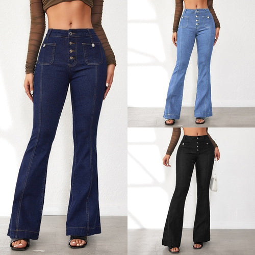 Damen Flared Jeans mit hohem Schnitt und eleganten Knopfdetails EB
