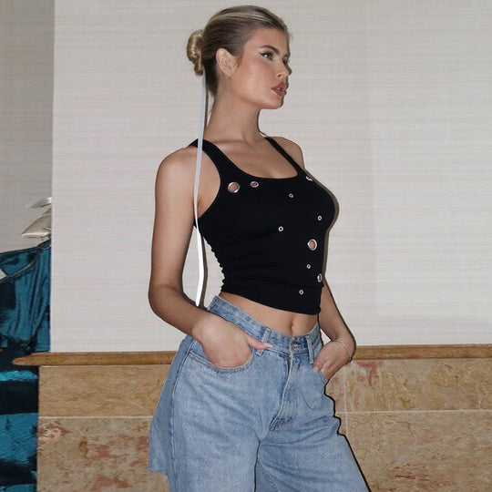 Damen Enganliegendes Crop-Top mit dekorativen Ösen EB