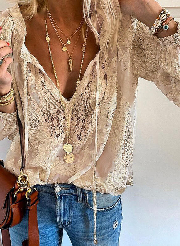 Damen Elegante und feminine Bluse mit V-Ausschnitt und Spitzenakzenten EB