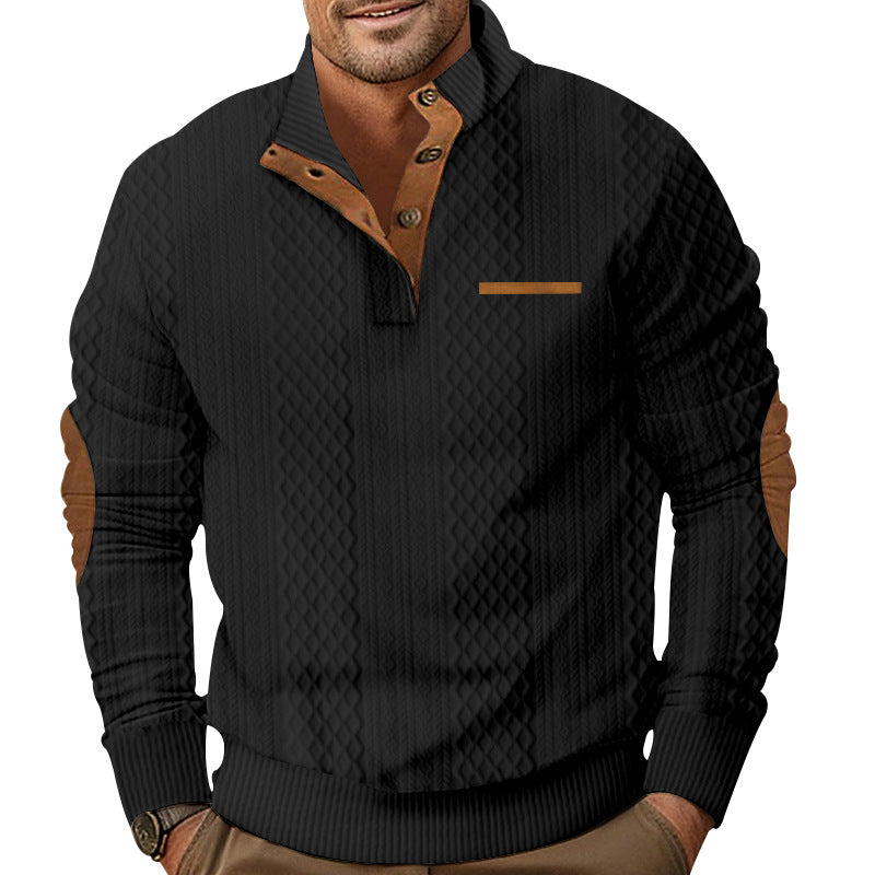 Herren Strukturiertes Kabelstrick-Sweatshirt mit Halbknopfblende, Kunstleder‑Patchtasche & Ellbogenpatches EB
