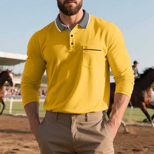Herren Langarm-Poloshirt mit strukturiertem Design und modischer Brusttasche EB
