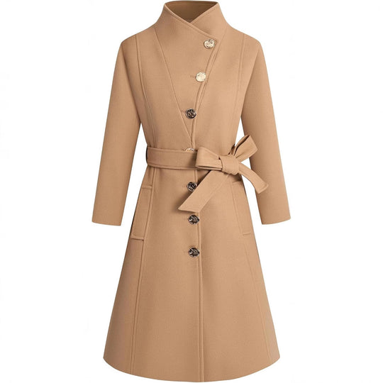 Damen eleganter Wrap-Mantel mit ausgefallenem Kragen und Gürtel EB