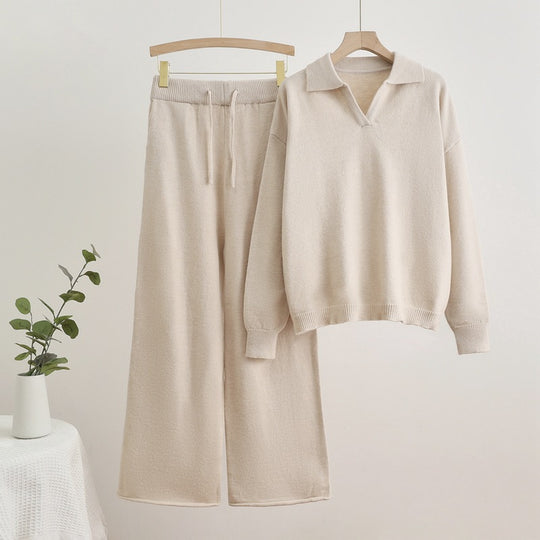 Damen gemütliches Strick-Loungewear-Set mit weit geschnittenem Pullover und Hose EB