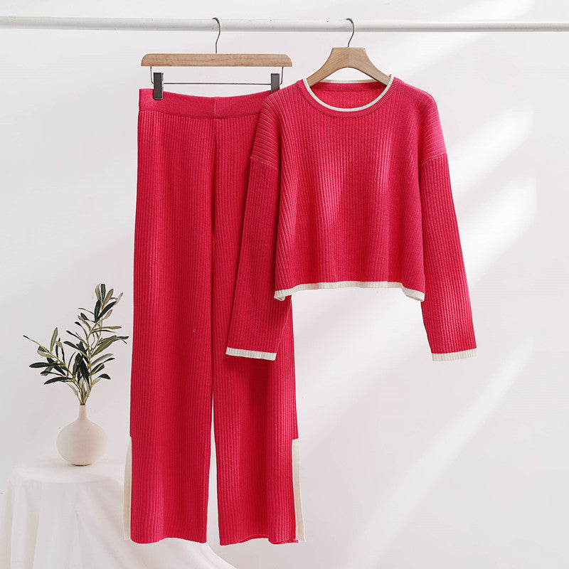Damen lässiges Strickensemble mit hohem Bund und kontrastierenden Bündchen EB