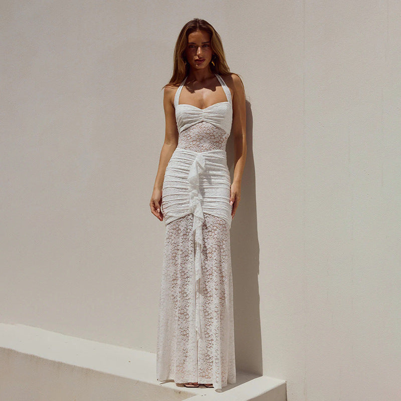 Damen Spitzen-Maxikleid mit raffiniertem Wickeldesign EB