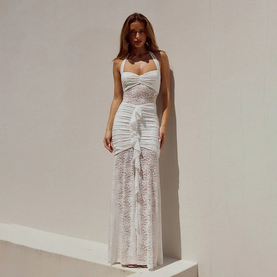 Damen Spitzen-Maxikleid mit raffiniertem Wickeldesign EB