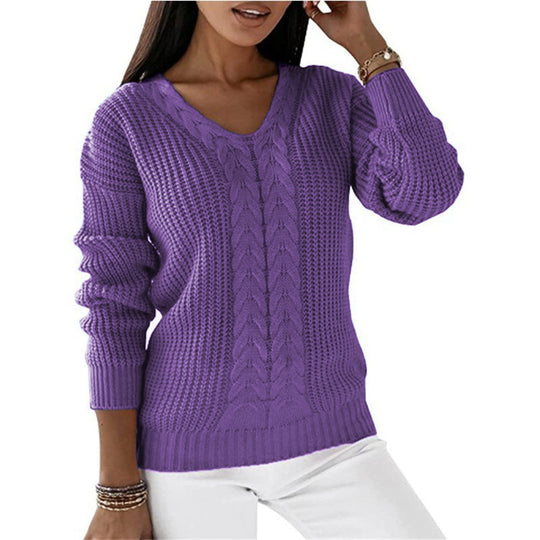 Damen nan grob gestrickter V-Ausschnitt Pullover mit Zopfmuster und lockerer Silhouette EB