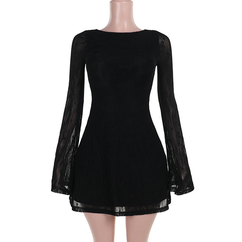 Damen A‑Linien‑Spitzenminikleid mit Bootneck, taillierter Silhouette und transparenten Glockenärmeln EB