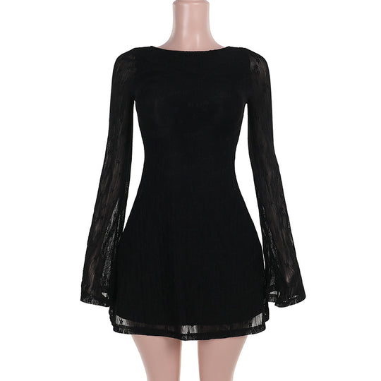 Damen A‑Linien‑Spitzenminikleid mit Bootneck, taillierter Silhouette und transparenten Glockenärmeln EB