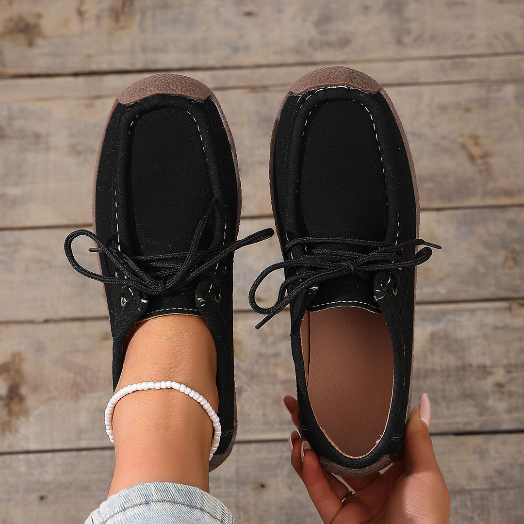 Damen  lässige Mokassin-Slipper aus Veloursimitat mit dekorativer Ziernaht, elastischer Schnürung und flexibler Gummisohle EB