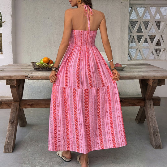 Damen Maxi-Strandkleid mit elastischem Oberteil und verspieltem Muster EB