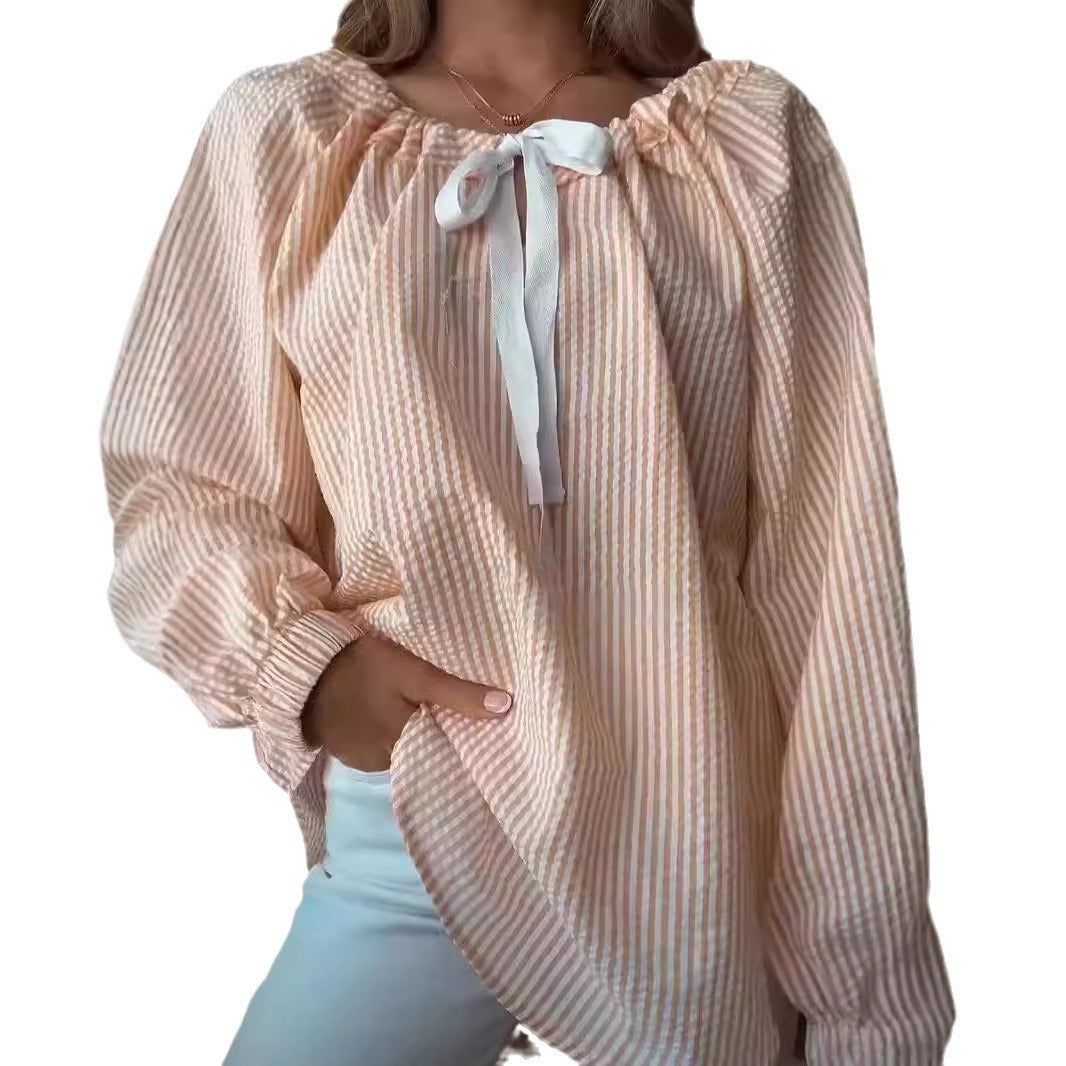 Damen Bluse mit elastischem Ausschnitt und Schleifenbindung EB