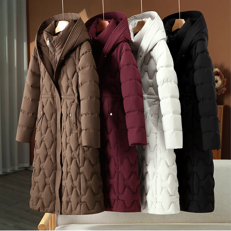 Damen nan langer gesteppter Wintermantel mit Kapuze und taillierter Silhouette EB