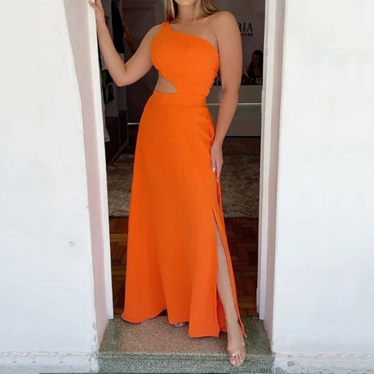 Damen Maxikleid mit asymmetrischem Ausschnitt und seitlichen Schlitzen EB