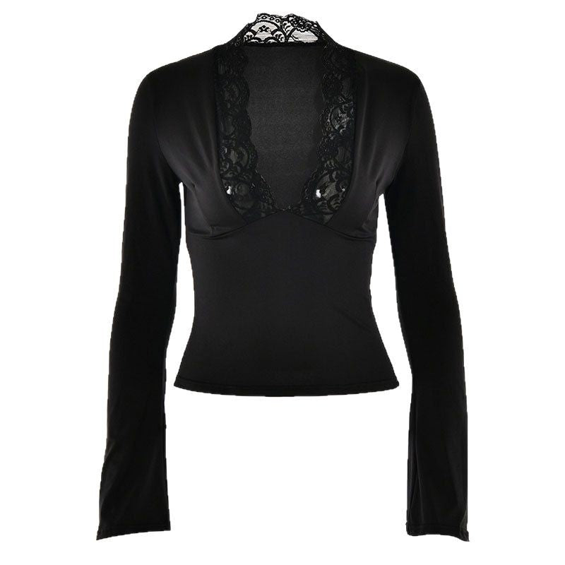 Damen Elegantes Langarm-Top mit Spitzenkragen EB