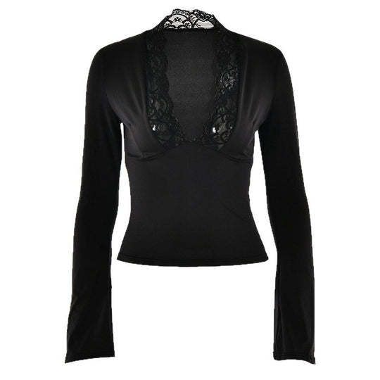 Damen Elegantes Langarm-Top mit Spitzenkragen EB