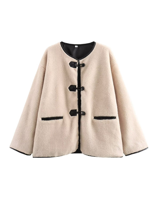Damen Kuschelige Fluff-Jacke mit Knopfverschluss und praktischen Taschen EB
