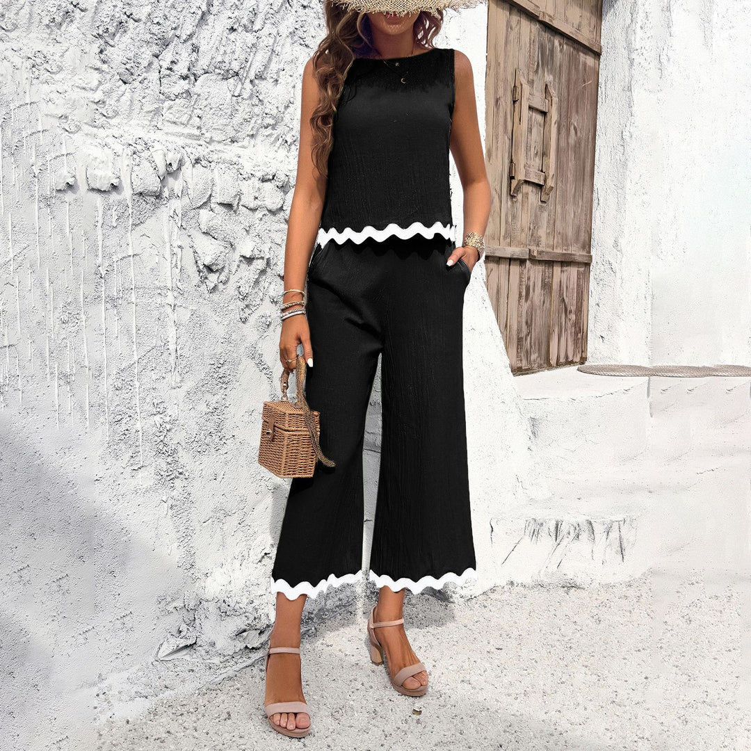 Damen Zweiteiliges Set mit Crop-Top und weitem Hosen EB