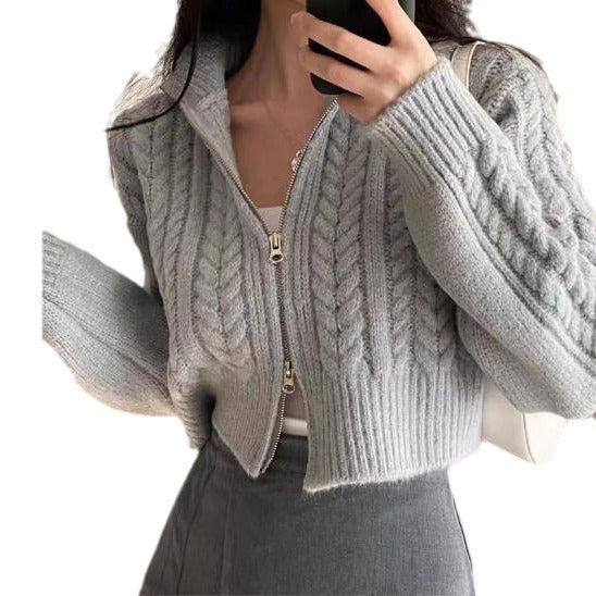 Damen modische Strickjacke mit strukturiertem Zopfmuster und kurzem Schnitt EB