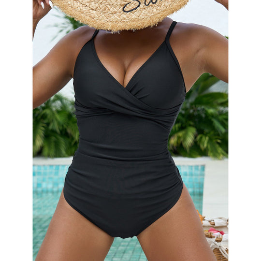 Damen eleganter Einteiler Badeanzug mit modischem Wickeldetail und schickem V-Ausschnitt EB