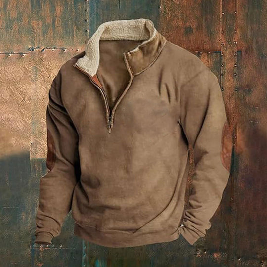 Herren nan Fleece-Halbzippullover mit Sherpa-Kragen und Ellenbogenpatches EB