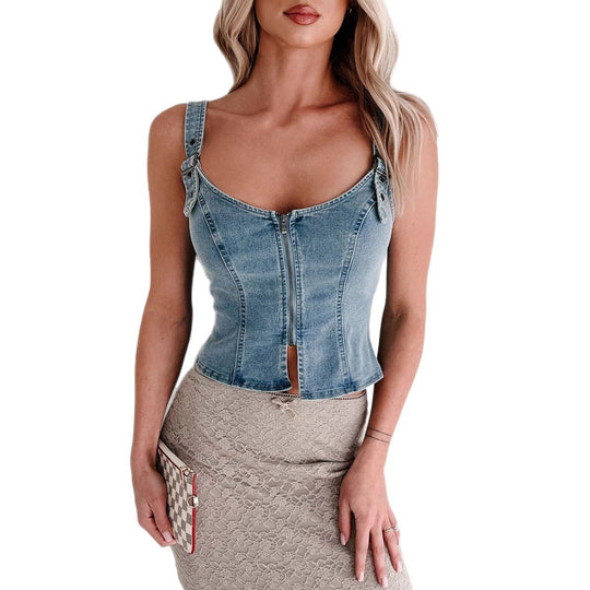 Damen Denim-Corsage mit Reißverschluss und verstellbaren Trägern EB