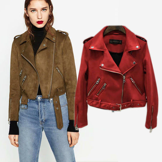 Damen Bikerjacke aus hochwertigem Wildlederimitat mit asymmetrischem Reißverschluss EB