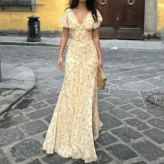 Damen Maxikleid mit romantischem Blumenmuster und verspieltem V-Ausschnitt EB
