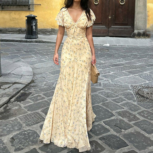 Damen Maxikleid mit romantischem Blumenmuster und verspieltem V-Ausschnitt EB