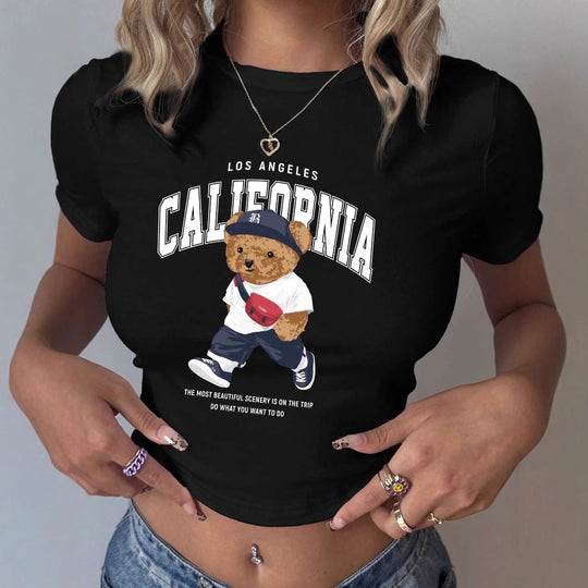 Damen T-Shirt mit kreativem Bärenmotiv und urbanem Lifestyle-Print EB