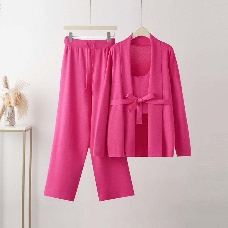 Damen gemütliches Freizeit-Loungewear-Set mit Bindegürtel und weitgeschnittenen Hosen EB