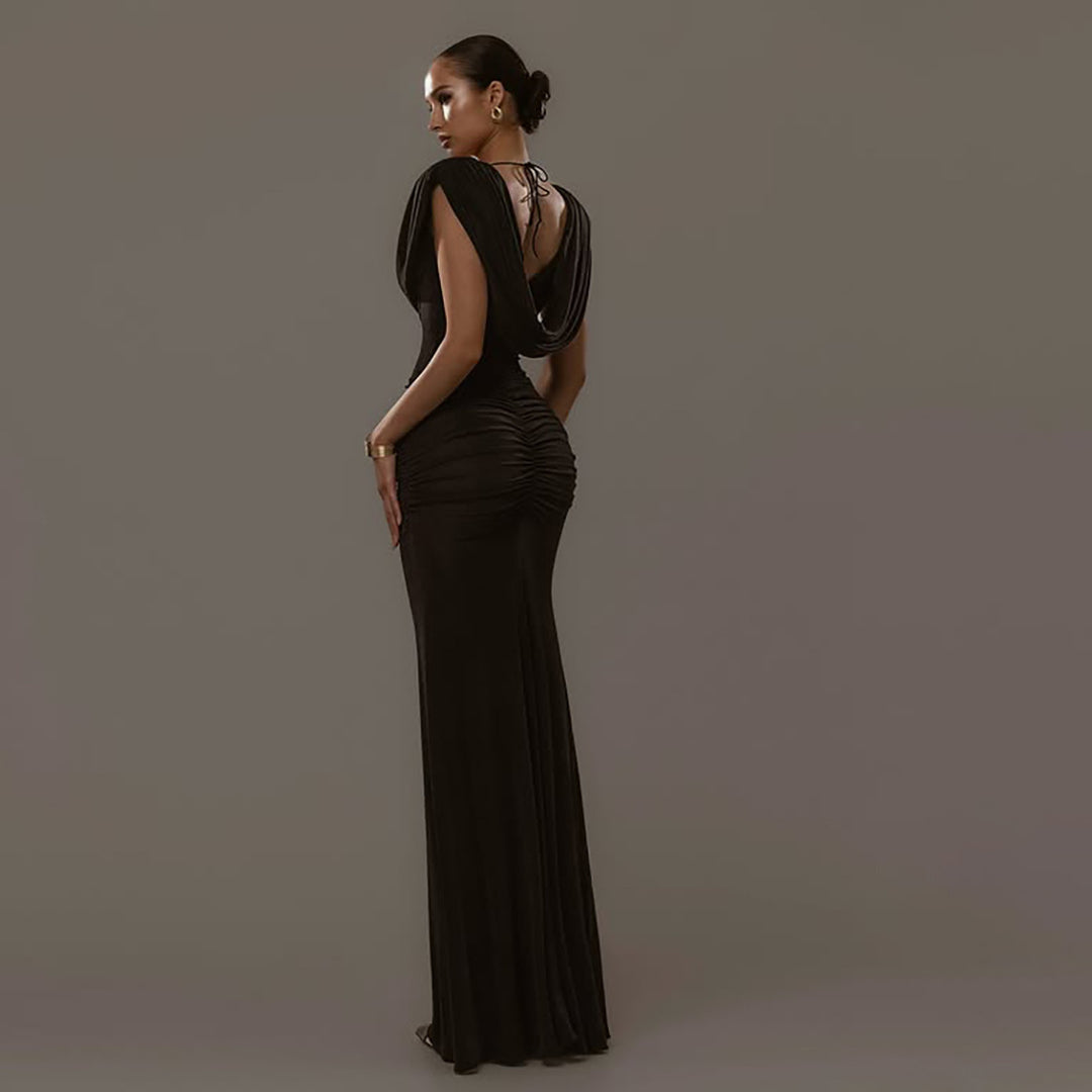 Damen Elegantes Maxikleid mit tiefem V-Ausschnitt und raffinierten Drapierungen EB