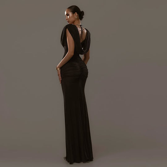 Damen Elegantes Maxikleid mit tiefem V-Ausschnitt und raffinierten Drapierungen EB