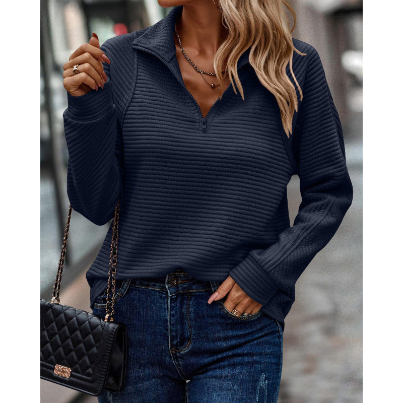 Damen kuscheliger Stepp-Pullover mit hohem Kragen und halbem Reißverschluss EB