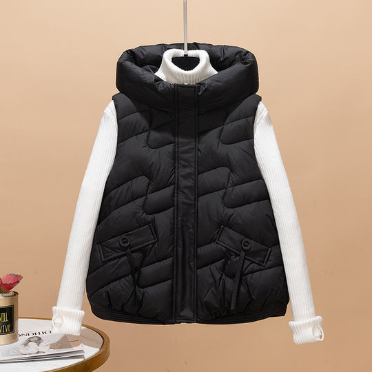 Damen Modische Steppweste mit Kapuze und eleganten Strickärmel EB