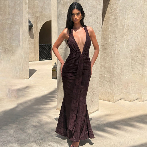 Damen Elegantes Maxikleid mit tiefem V-Ausschnitt und strukturierter Raffung EB