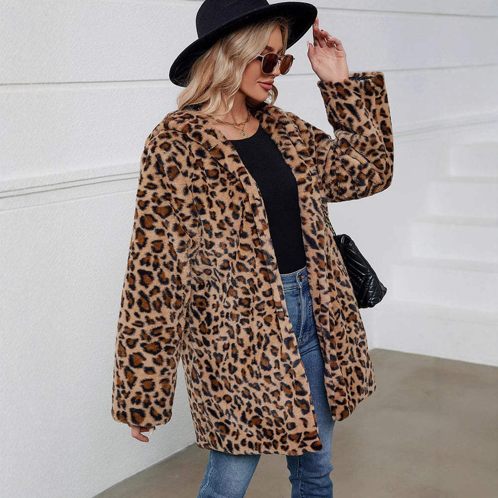 Damen Flauschige Jacke mit modernem Leopardenmuster und bequemen Taschen EB