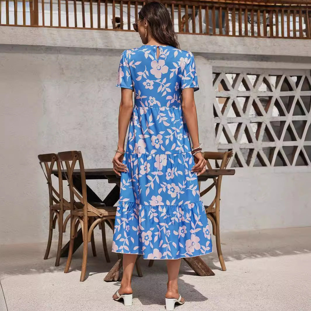 Damen nan luftiges Stufenmidikleid mit hoher Taillennaht, kurzem Ärmel und durchgehendem Blumenmuster EB