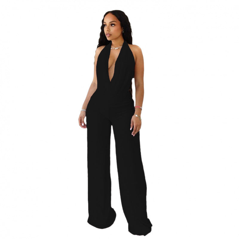 Damen Eleganter Deep-V Jumpsuit mit geschwungenem Rücken und weit geschnittenen Beinen EB
