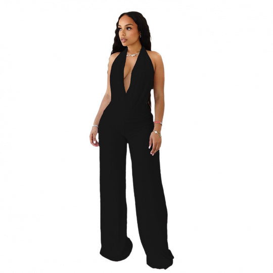 Damen Eleganter Deep-V Jumpsuit mit geschwungenem Rücken und weit geschnittenen Beinen EB