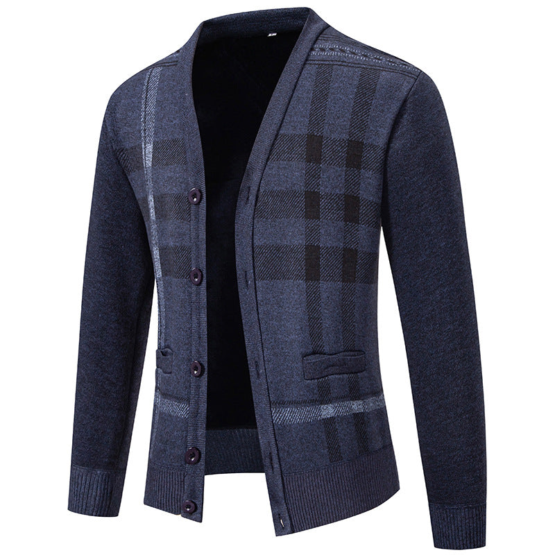 Herren stilvolle Strickjacke mit modernem Karomuster und praktischen Taschen EB