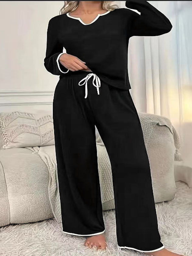 Damen Schlafanzug Set mit elegantem V-Ausschnitt und weiten Beinen EB