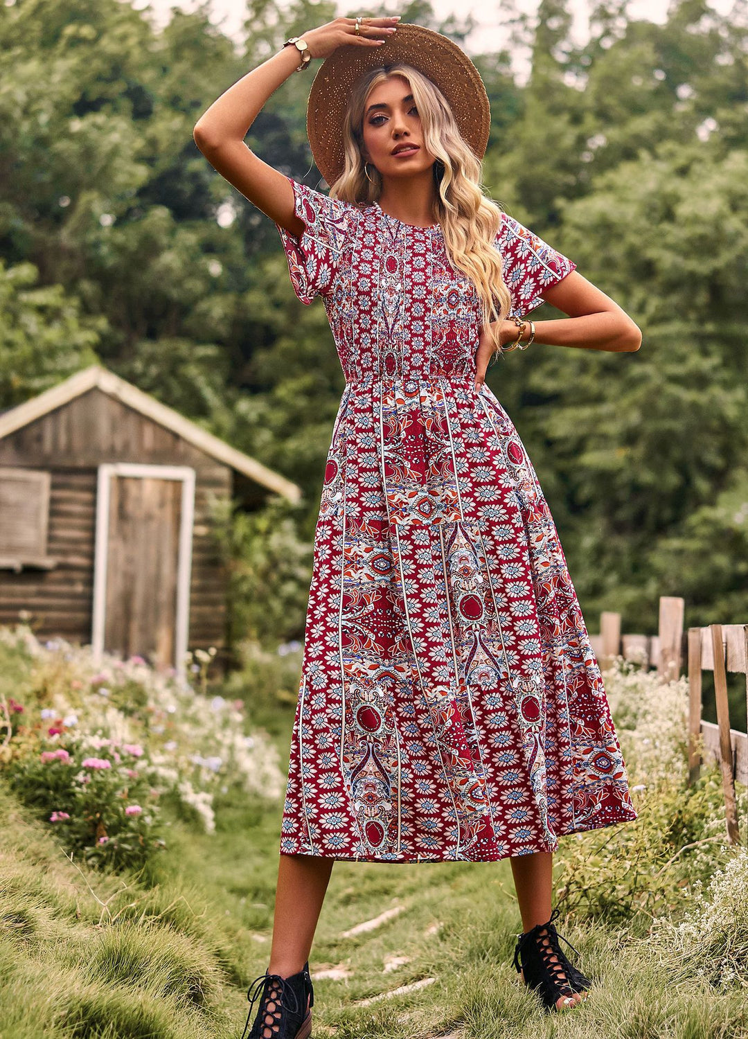 Damen Maxikleid mit floralem Muster und elastischem Tailleneinsatz EB