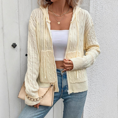 Damen gestreifte Strickjacke mit Reißverschluss und Kapuze EB