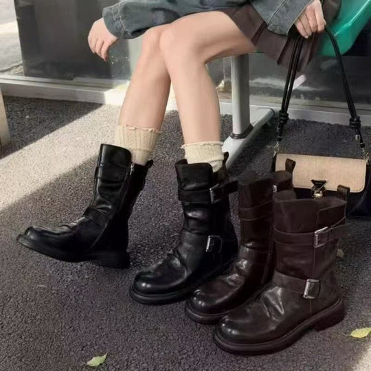 Damen Modische Stiefel mit stilvollem Schnallen-Design und robuster Sohle EB